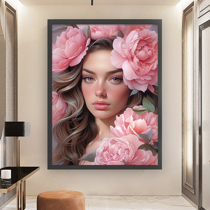 Pink Peony And Woman - 11CT Stamped Cross Stitch 50*65CM