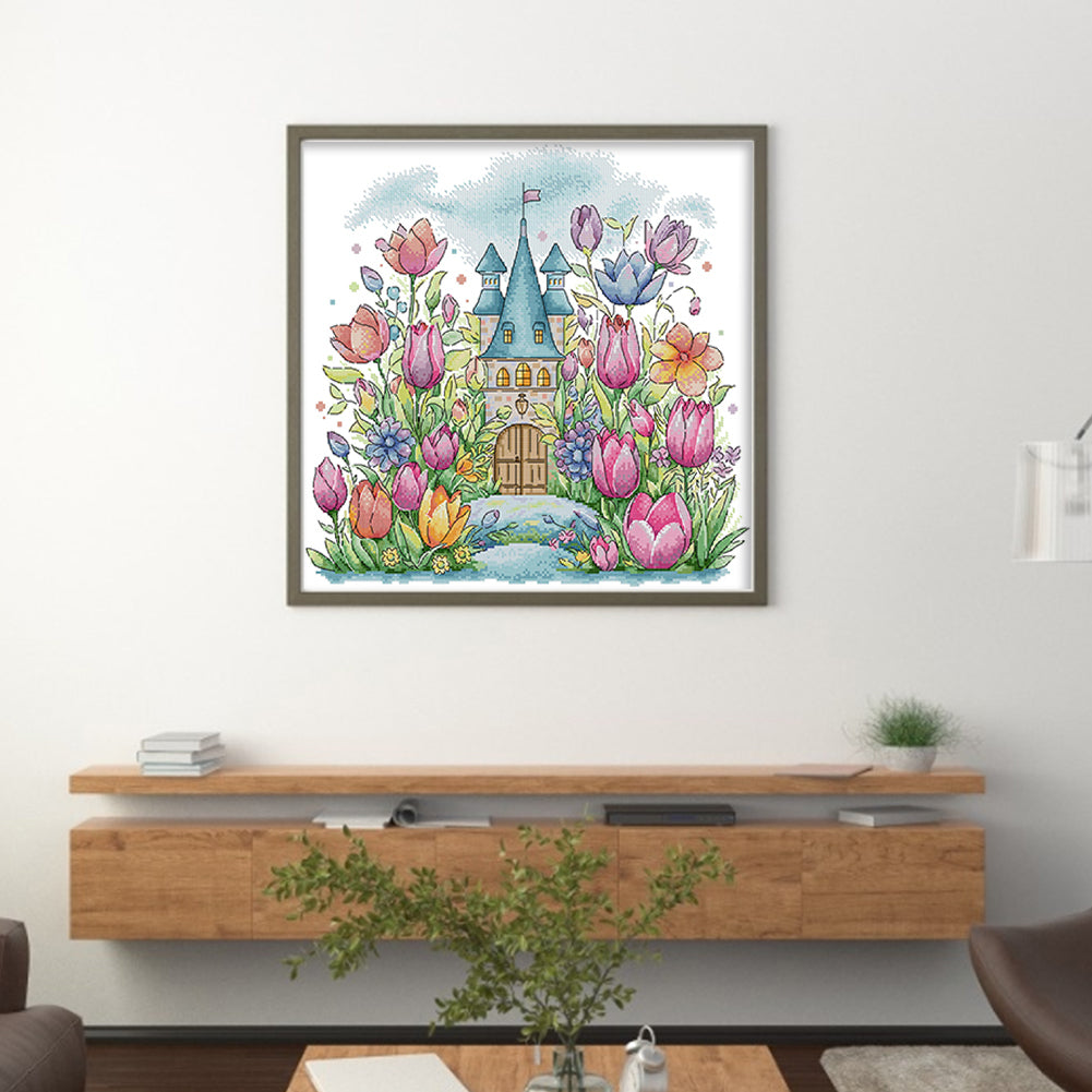 Flower Castle 1 - 14CT Stamped Cross Stitch 42*40CM(Joy Sunday)