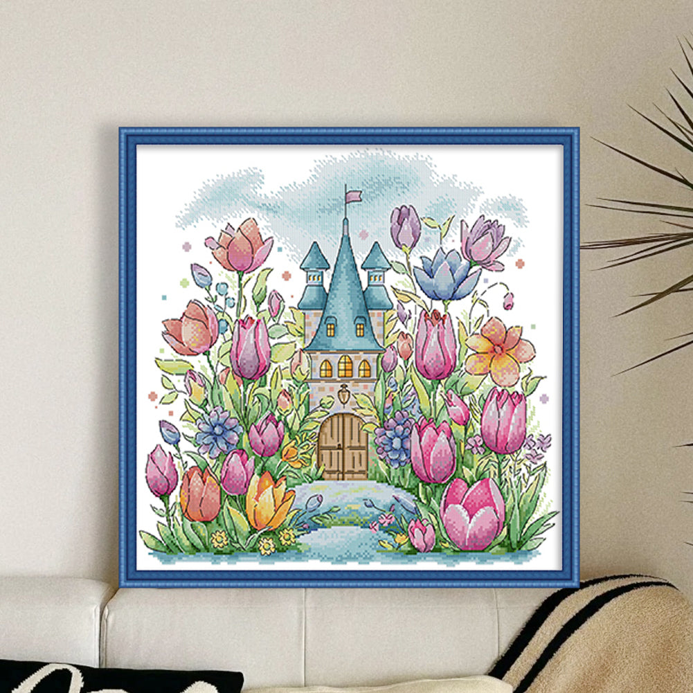 Flower Castle 1 - 14CT Stamped Cross Stitch 42*40CM(Joy Sunday)