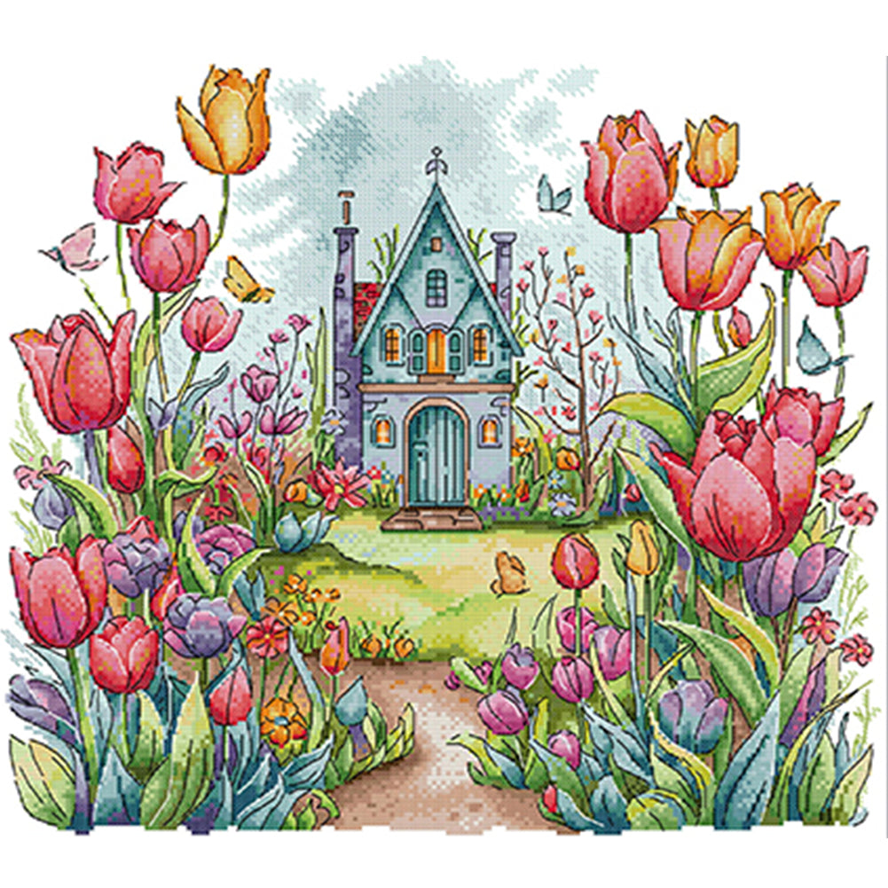 Flower Castle 2 - 14CT Stamped Cross Stitch 43*39CM(Joy Sunday)