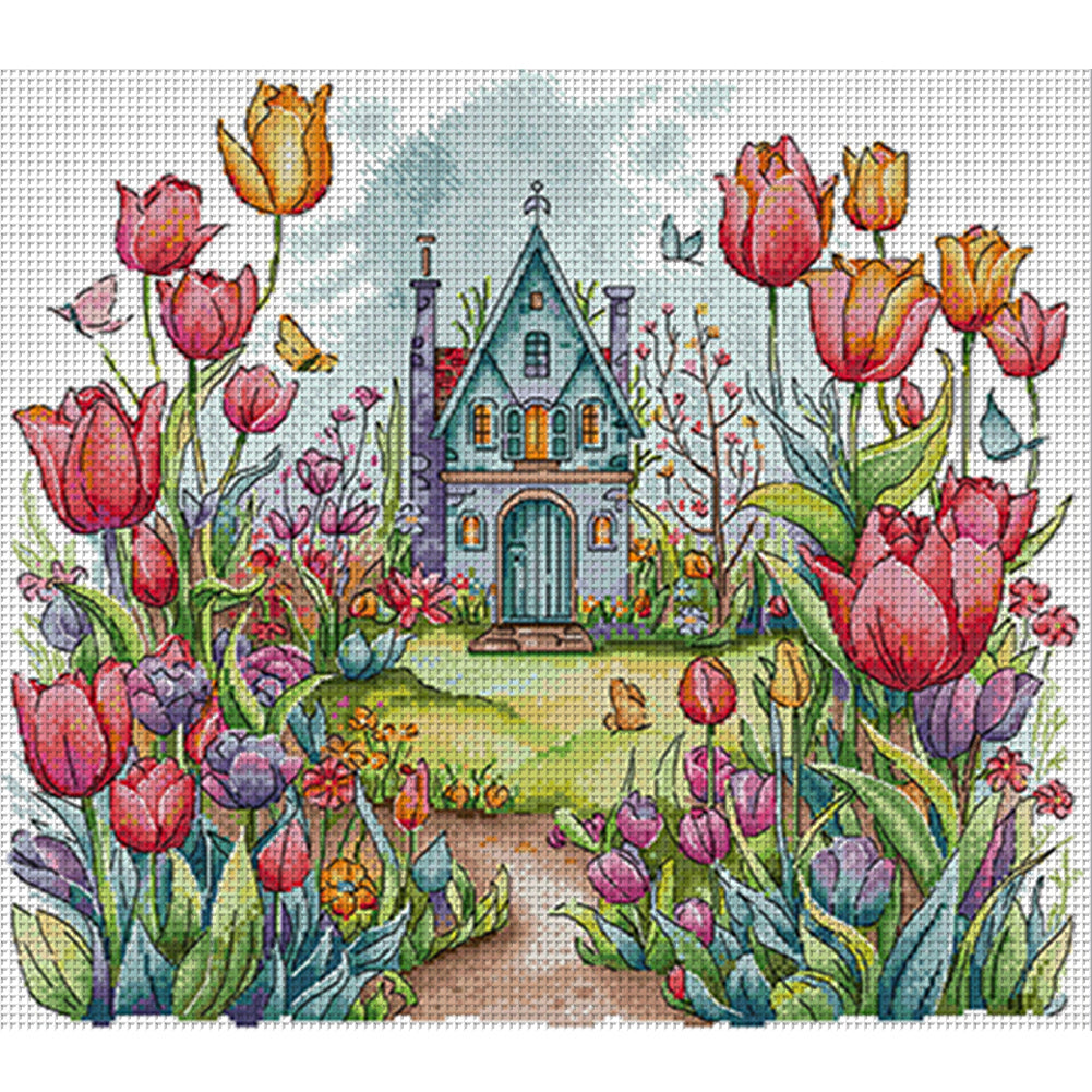 Flower Castle 2 - 14CT Stamped Cross Stitch 43*39CM(Joy Sunday)