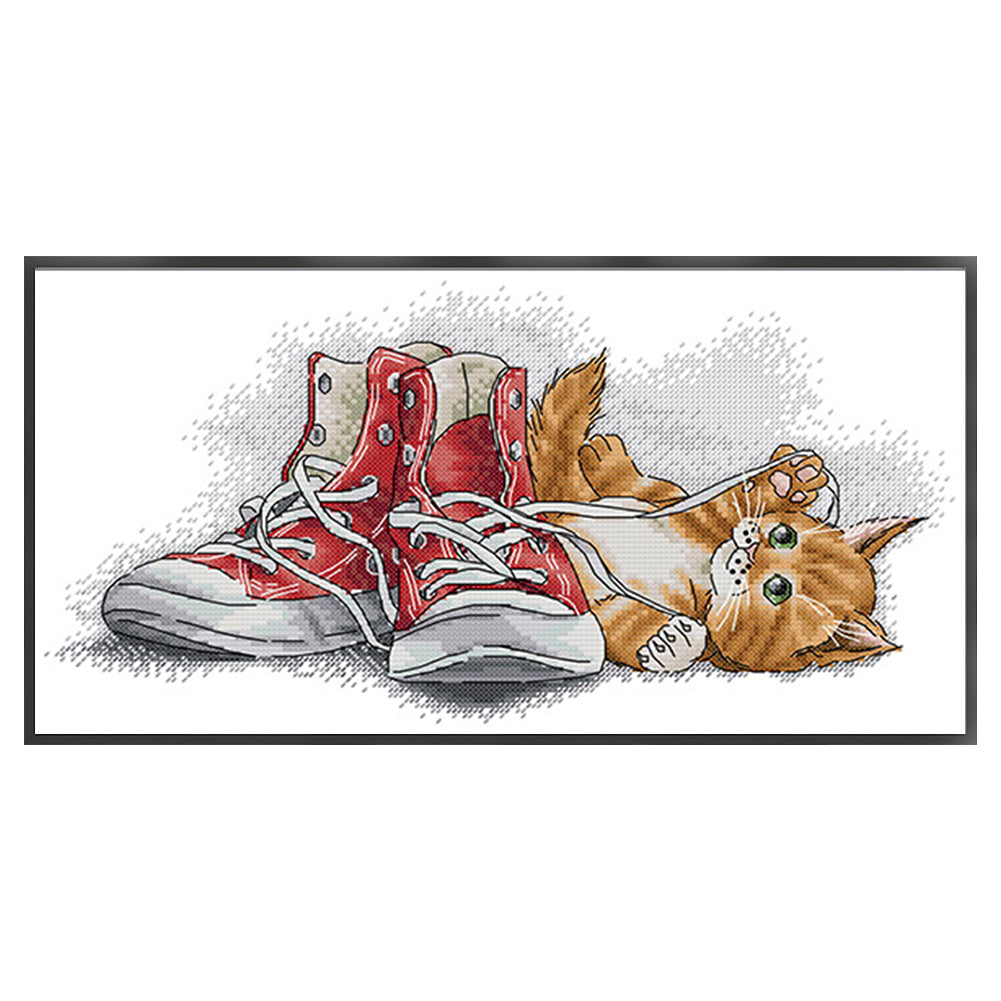 Little Yellow Cat Playing With Shoelaces - 14CT Stamped Cross Stitch 40*21CM(Joy Sunday)