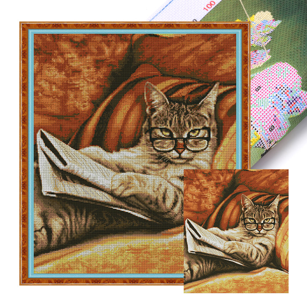 Cat Reading Newspaper - 14CT Stamped Cross Stitch 44*50CM(Joy Sunday)