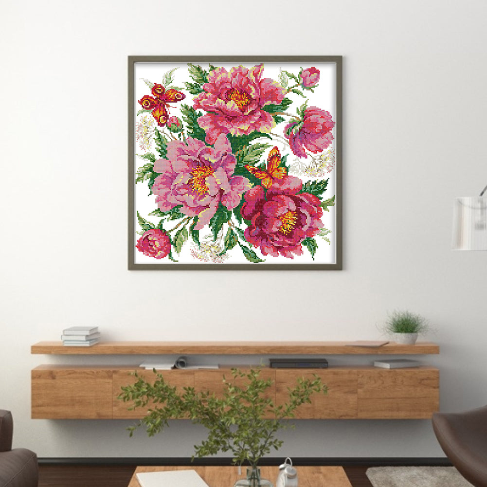 Charm Peony - 14CT Stamped Cross Stitch 37*37CM