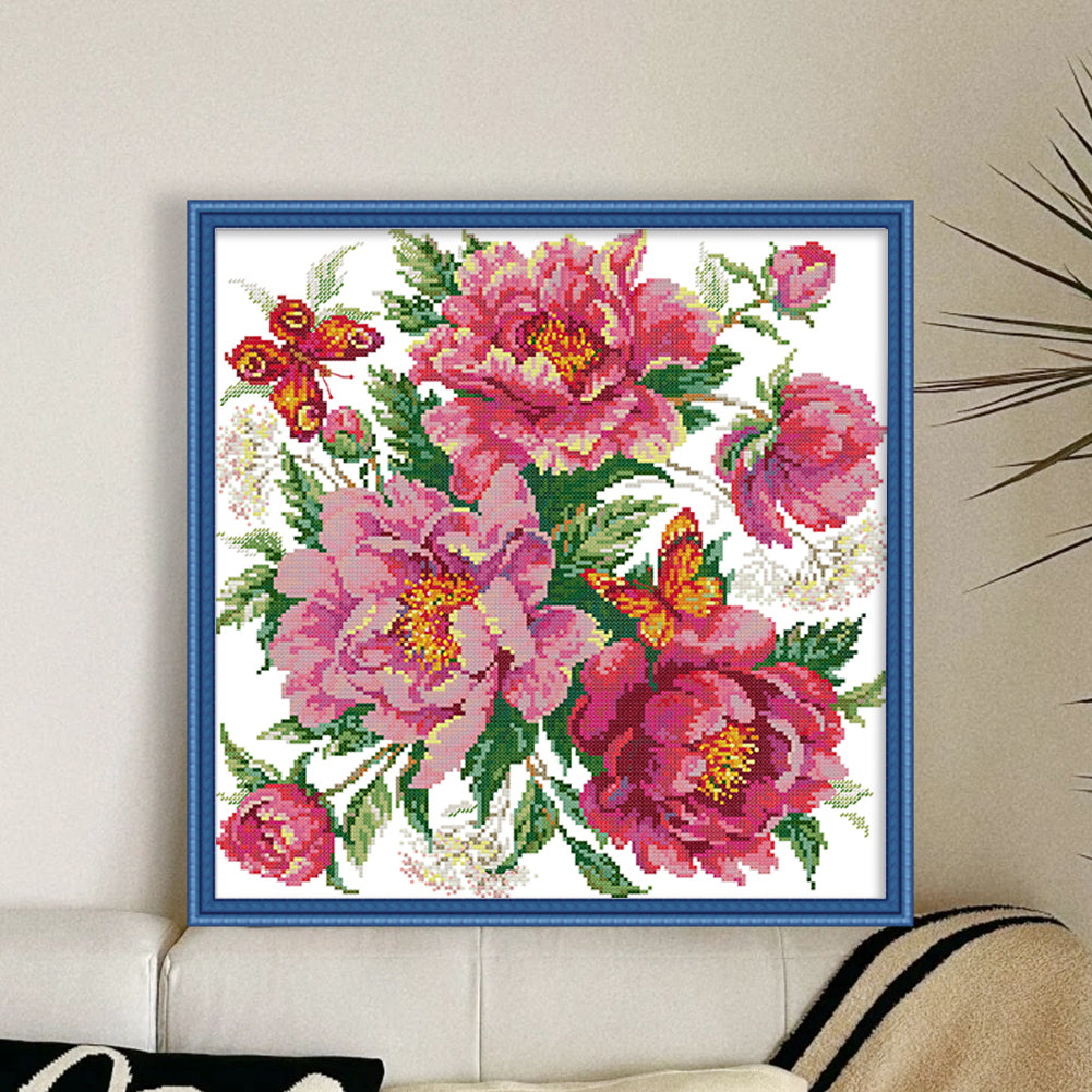 Charm Peony - 14CT Stamped Cross Stitch 37*37CM