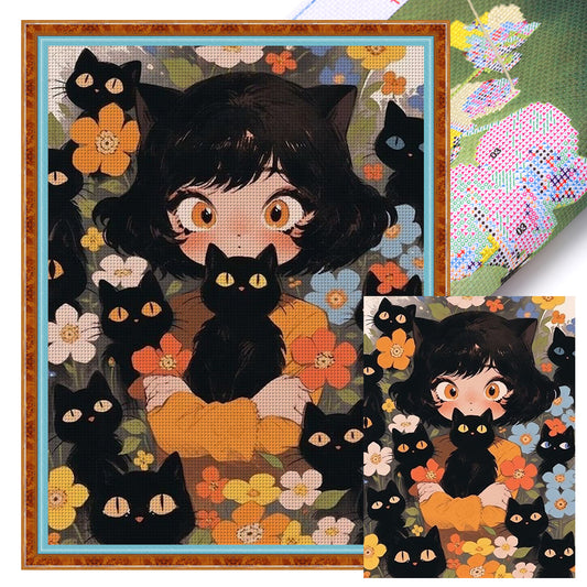 Black Cat And Cat Girl - 11CT Stamped Cross Stitch 45*60CM