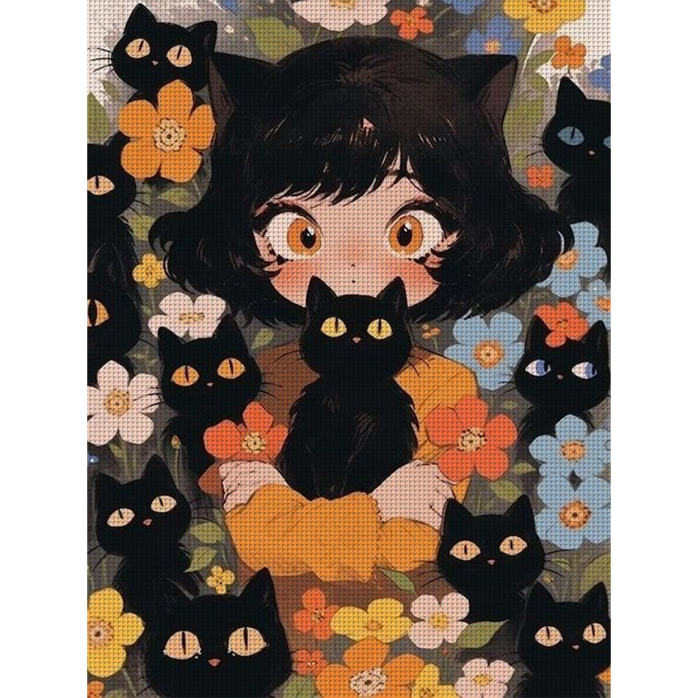 Black Cat And Cat Girl - 11CT Stamped Cross Stitch 45*60CM