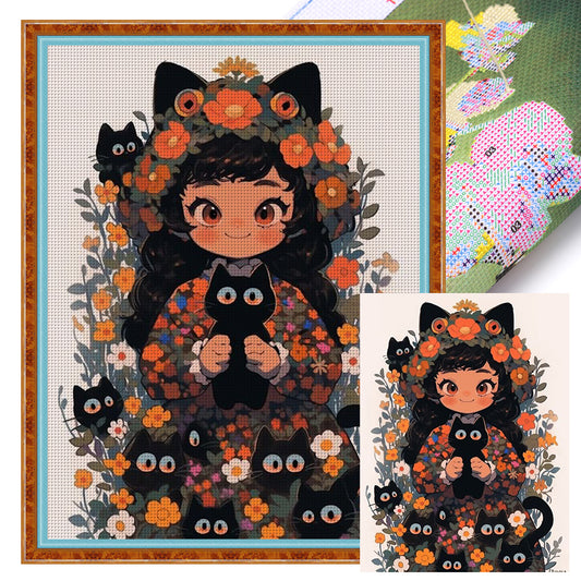 Black Cat And Cat Girl - 11CT Stamped Cross Stitch 45*60CM