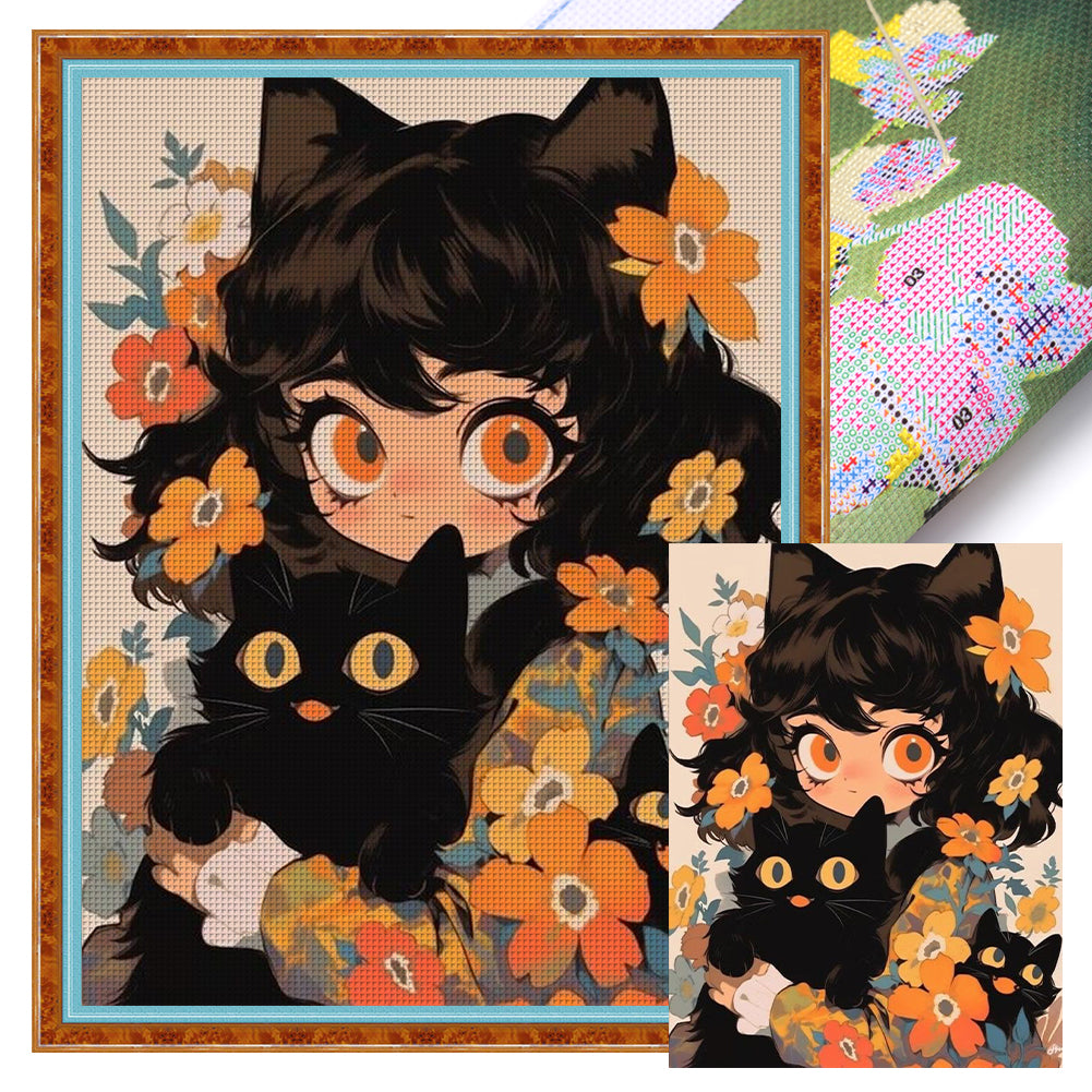 Black Cat And Cat Girl - 11CT Stamped Cross Stitch 40*55CM