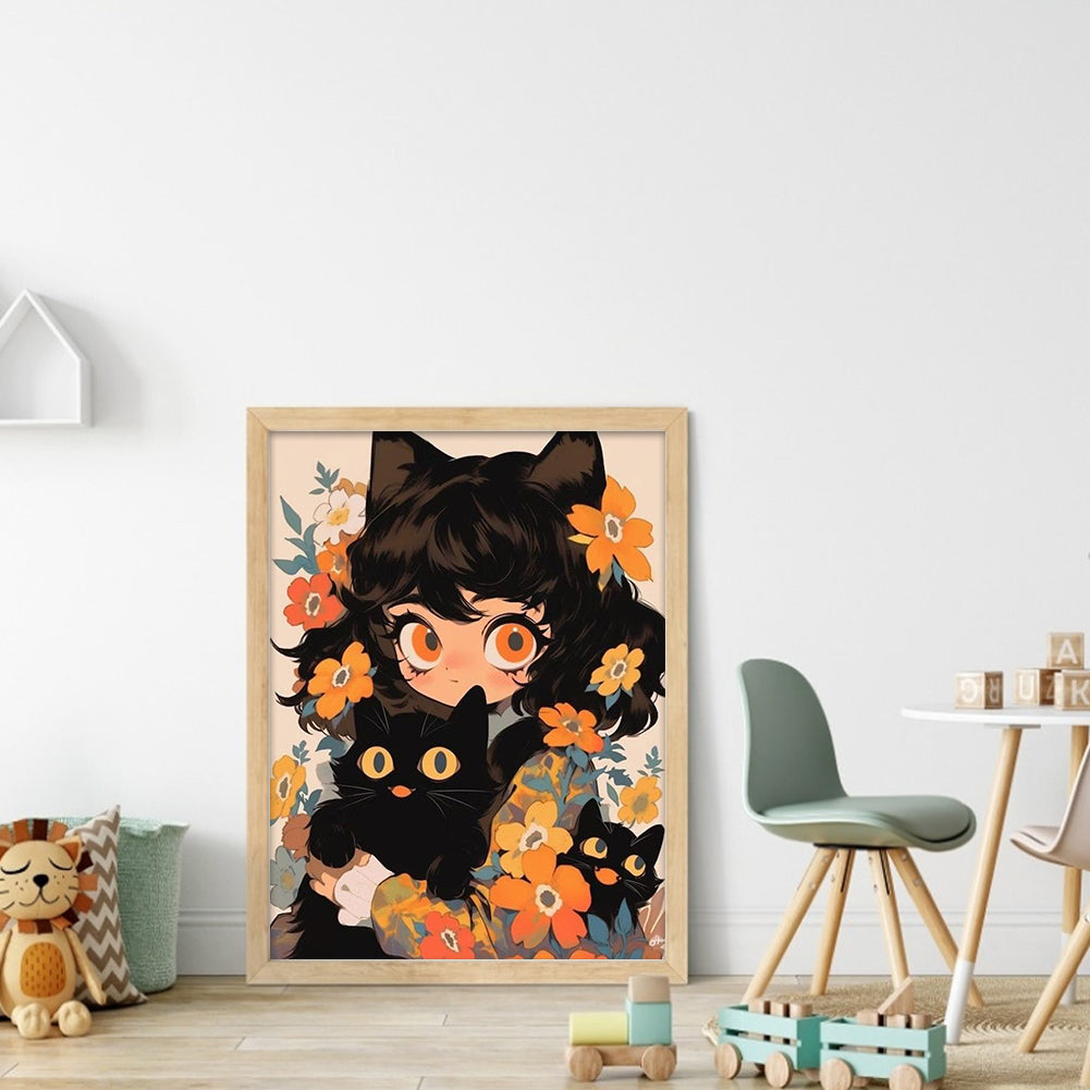 Black Cat And Cat Girl - 11CT Stamped Cross Stitch 40*55CM