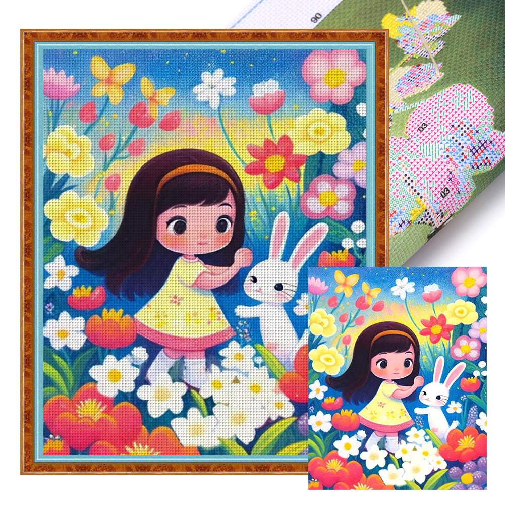 Girl And Bunny In Flowers - 11CT Stamped Cross Stitch 45*55CM