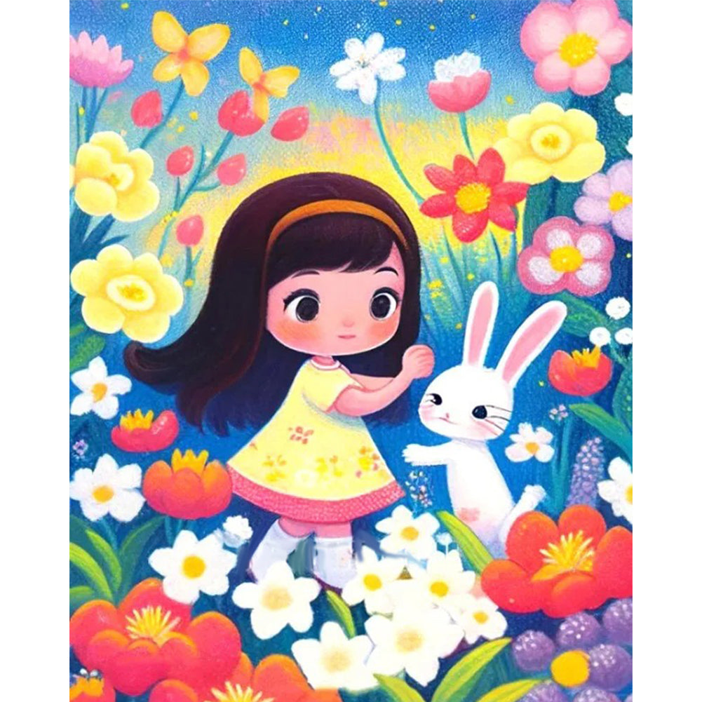 Girl And Bunny In Flowers - 11CT Stamped Cross Stitch 45*55CM