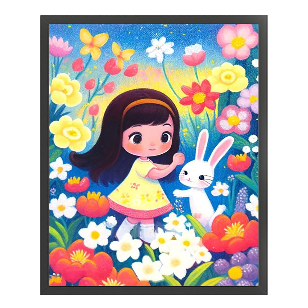 Girl And Bunny In Flowers - 11CT Stamped Cross Stitch 45*55CM