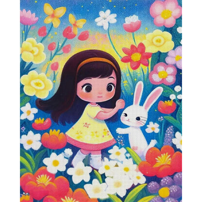 Girl And Bunny In Flowers - 11CT Stamped Cross Stitch 45*55CM