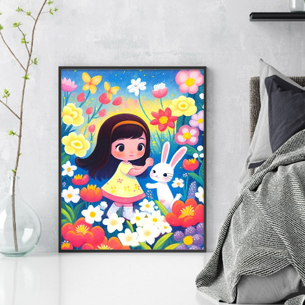 Girl And Bunny In Flowers - 11CT Stamped Cross Stitch 45*55CM