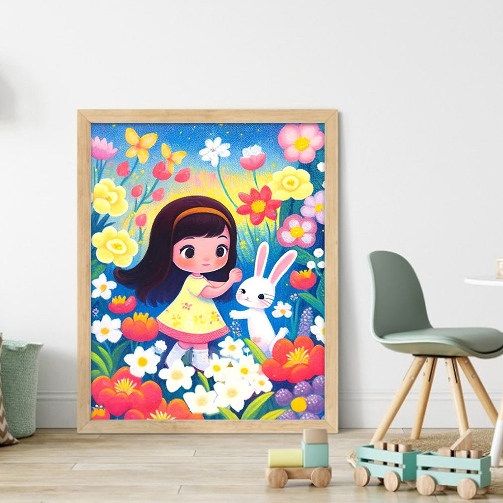 Girl And Bunny In Flowers - 11CT Stamped Cross Stitch 45*55CM