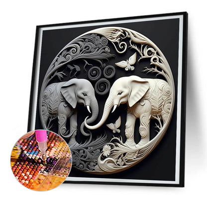 Black And White Elephant Relief Illustration - Full Round Drill Diamond Painting 30*30CM