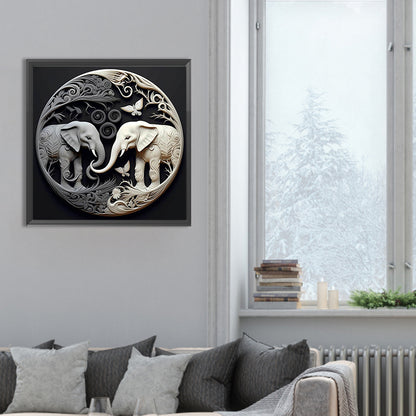 Black And White Elephant Relief Illustration - Full Round Drill Diamond Painting 30*30CM