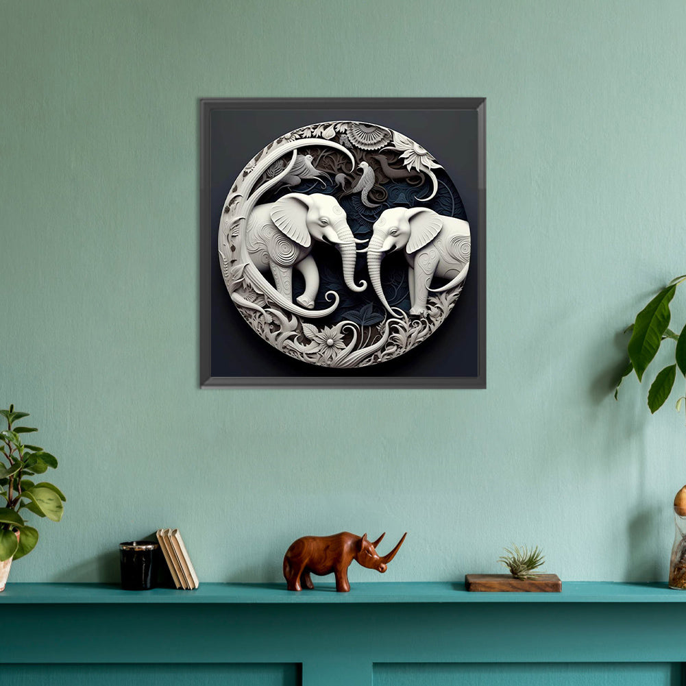 White Elephant Relief Illustration - Full Round Drill Diamond Painting 30*30CM