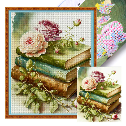 Flowers On Book - 11CT Stamped Cross Stitch 40*50CM