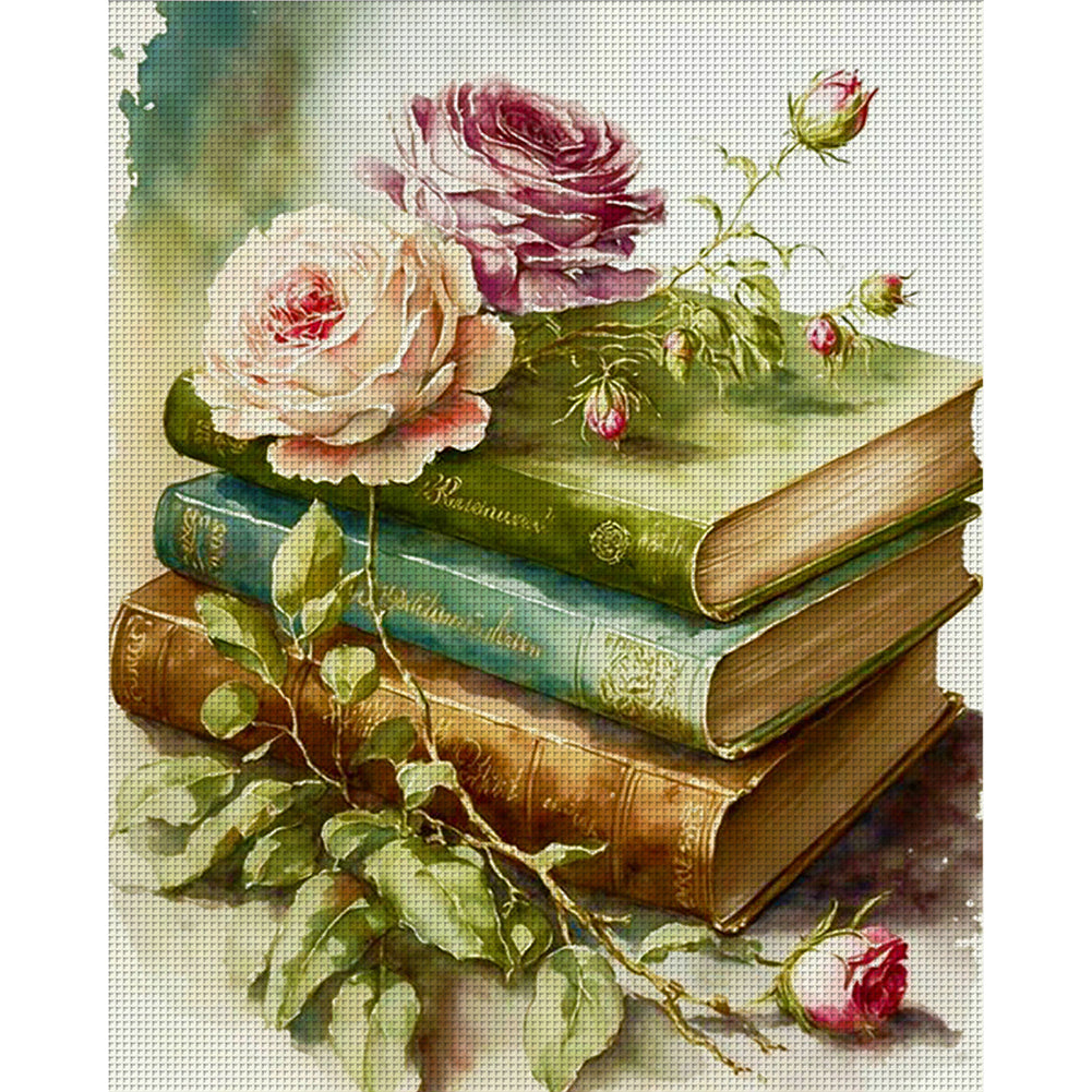 Flowers On Book - 11CT Stamped Cross Stitch 40*50CM