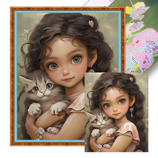 Brunette Girl And Kitten - 11CT Stamped Cross Stitch 50*60CM