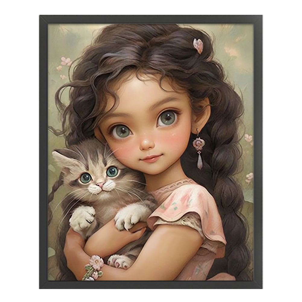 Brunette Girl And Kitten - 11CT Stamped Cross Stitch 50*60CM