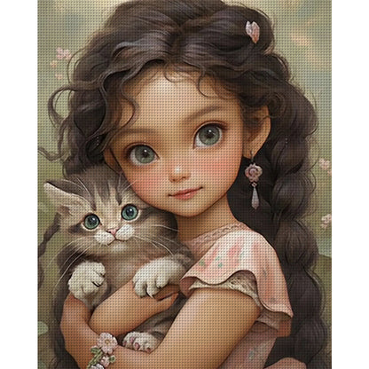 Brunette Girl And Kitten - 11CT Stamped Cross Stitch 50*60CM