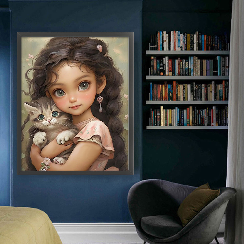 Brunette Girl And Kitten - 11CT Stamped Cross Stitch 50*60CM