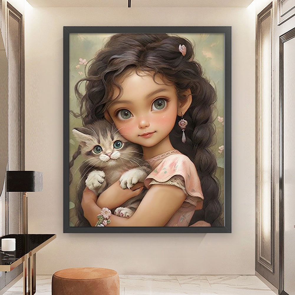 Brunette Girl And Kitten - 11CT Stamped Cross Stitch 50*60CM