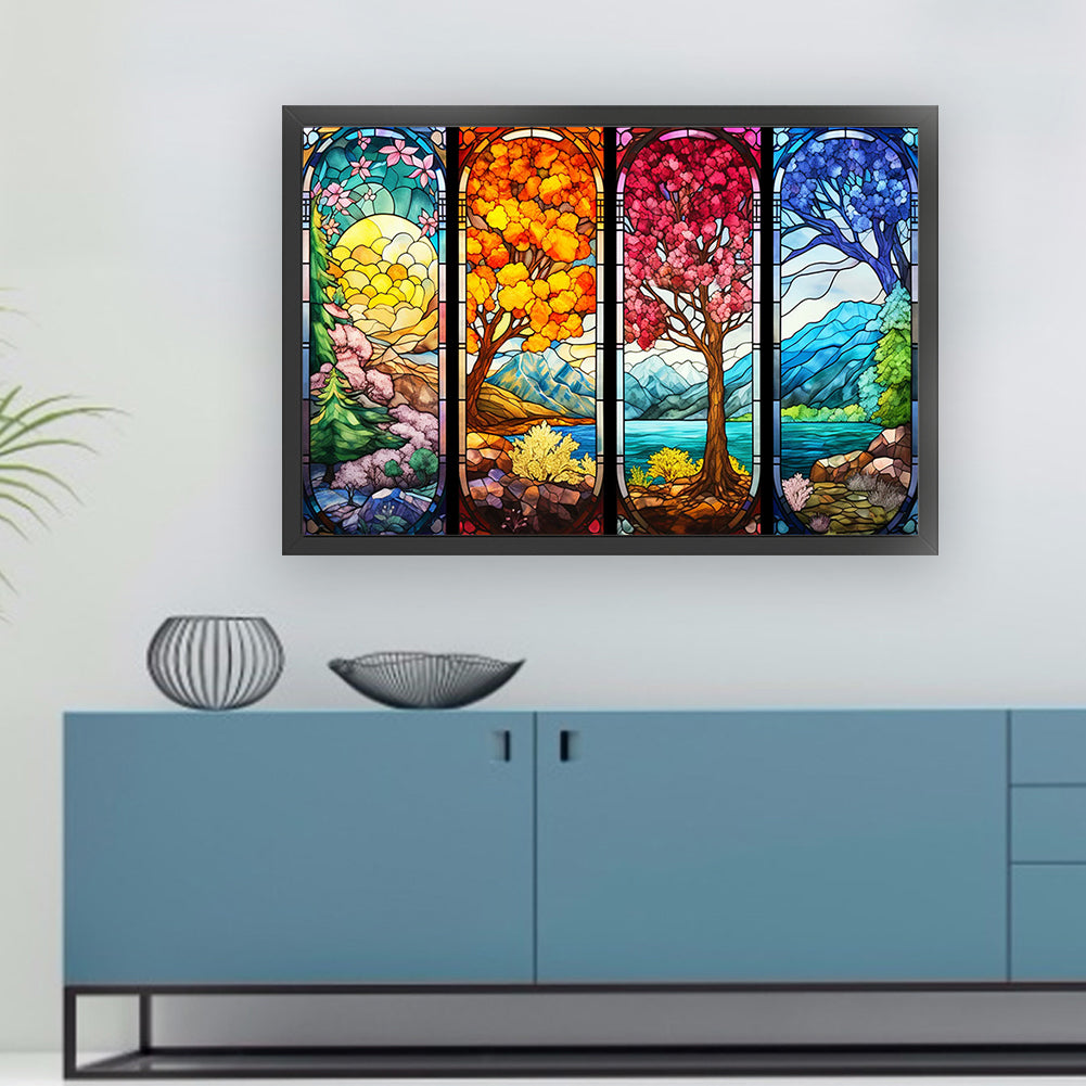 Glass Painting-Four Seasons Tree - 11CT Stamped Cross Stitch 60*40CM