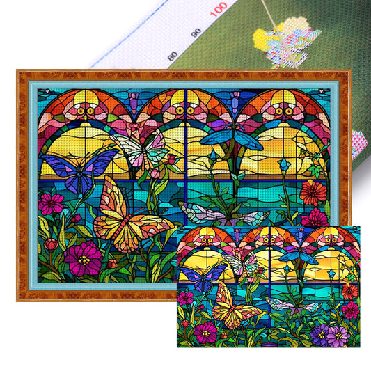 Glass Painting-Flowers And Butterflies - 11CT Stamped Cross Stitch 60*40CM