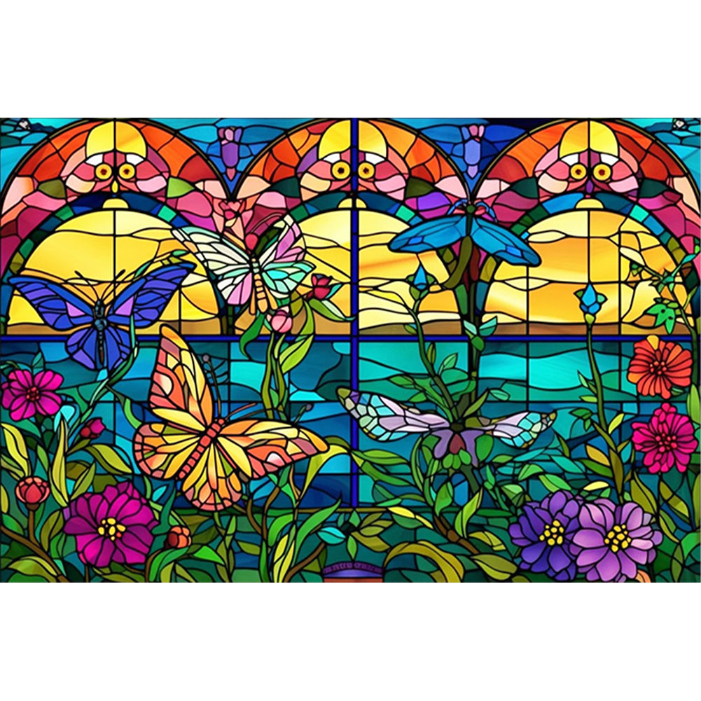 Glass Painting-Flowers And Butterflies - 11CT Stamped Cross Stitch 60*40CM