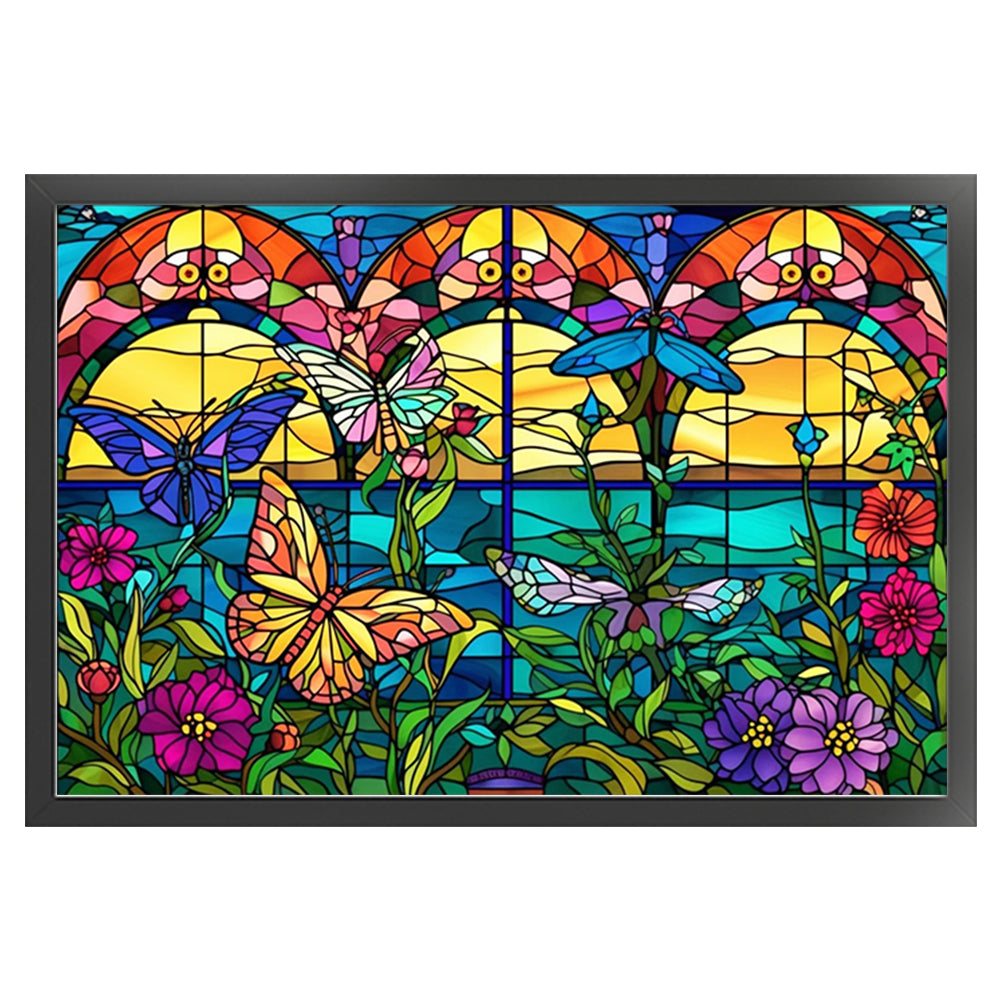 Glass Painting-Flowers And Butterflies - 11CT Stamped Cross Stitch 60*40CM