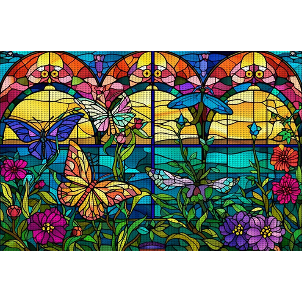 Glass Painting-Flowers And Butterflies - 11CT Stamped Cross Stitch 60*40CM