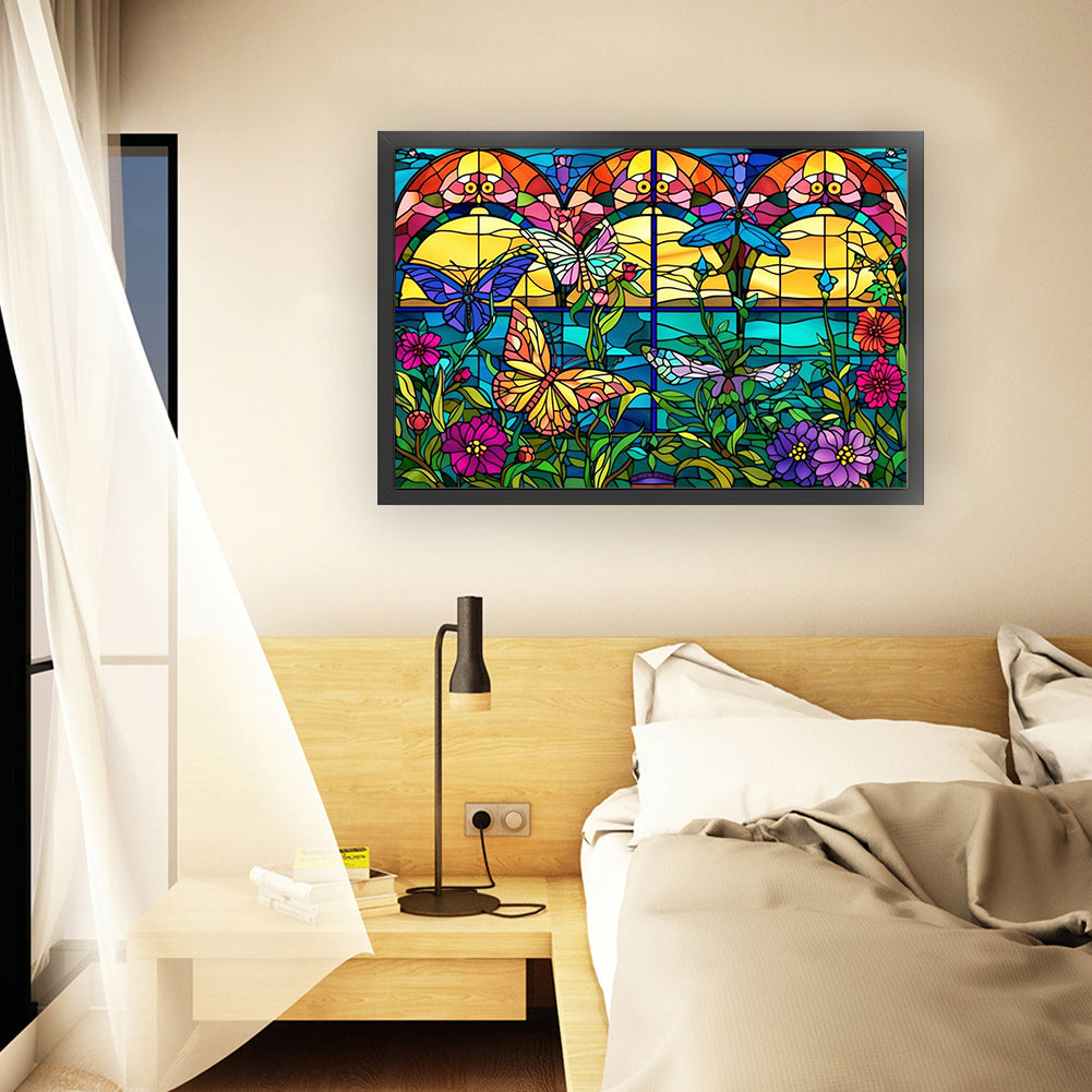 Glass Painting-Flowers And Butterflies - 11CT Stamped Cross Stitch 60*40CM