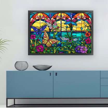 Glass Painting-Flowers And Butterflies - 11CT Stamped Cross Stitch 60*40CM