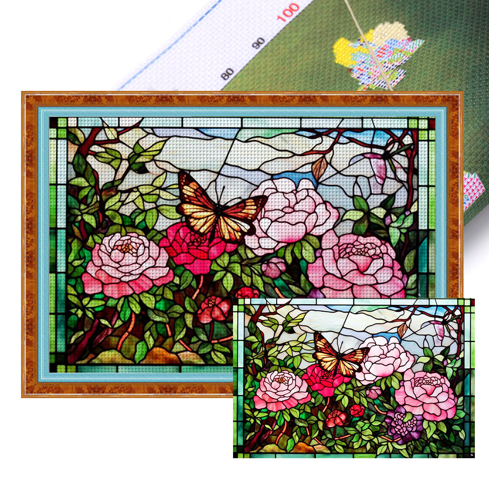 Glass Painting-Rose Butterfly - 11CT Stamped Cross Stitch 60*40CM