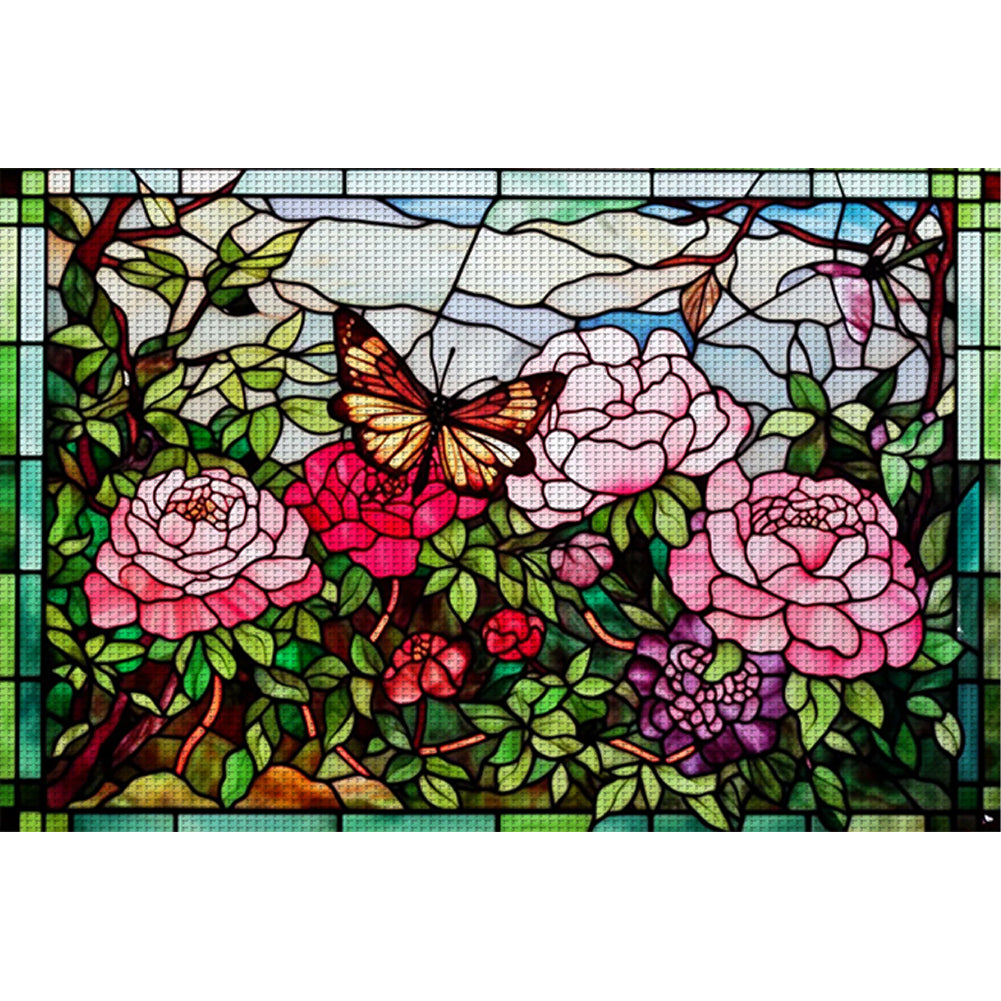 Glass Painting-Rose Butterfly - 11CT Stamped Cross Stitch 60*40CM