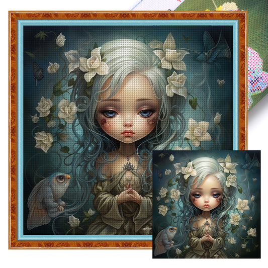 Little Girl With White Flowers And Big Eyes - 14CT Stamped Cross Stitch 50*50CM