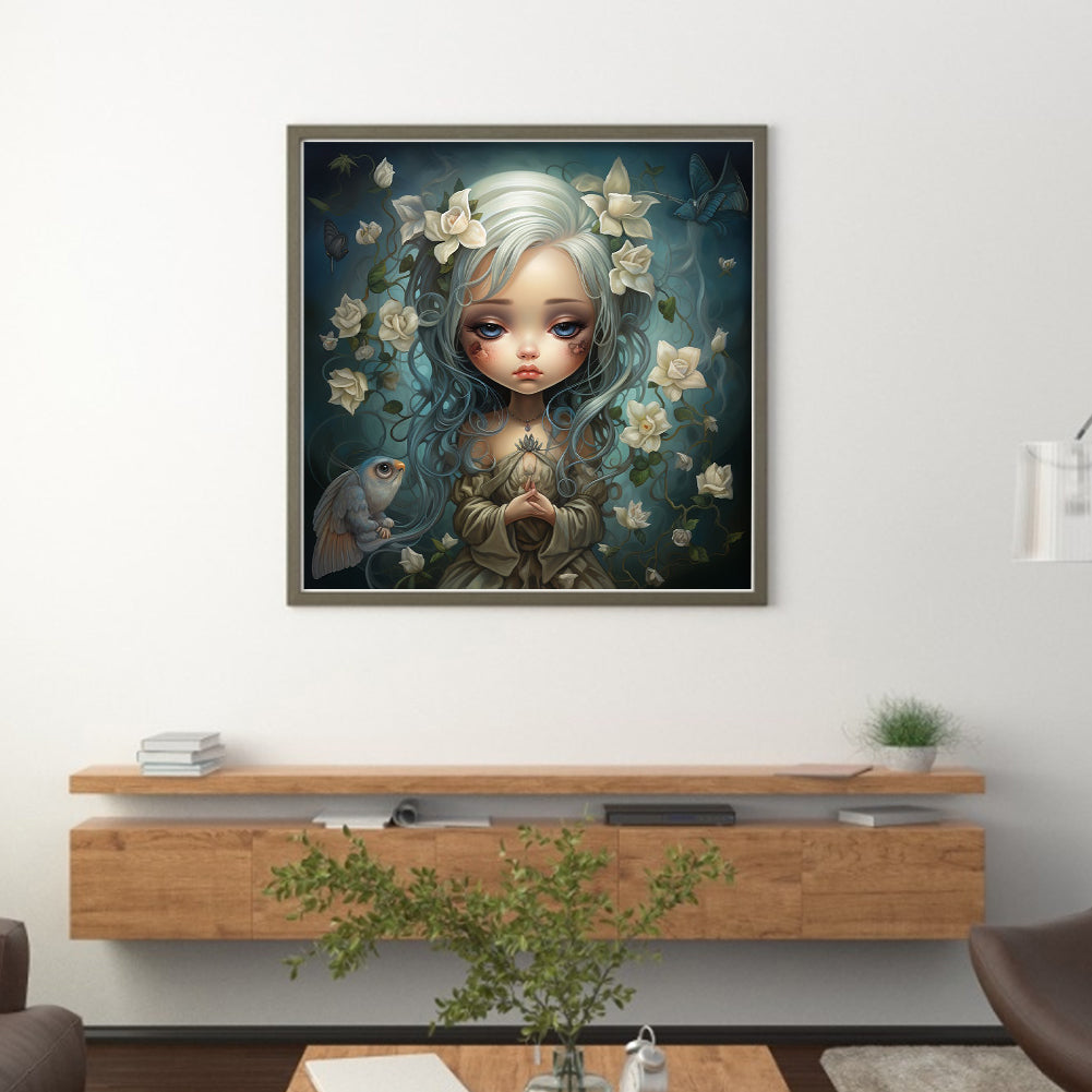 Little Girl With White Flowers And Big Eyes - 14CT Stamped Cross Stitch 50*50CM