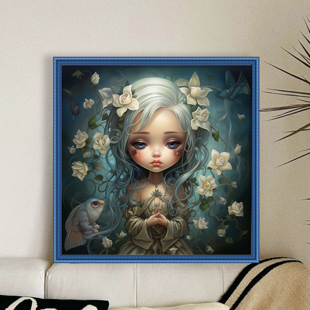 Little Girl With White Flowers And Big Eyes - 14CT Stamped Cross Stitch 50*50CM