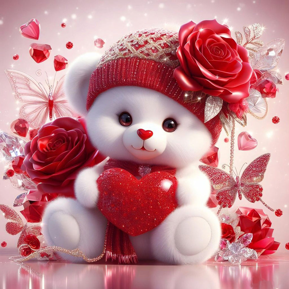 Love Rose Little White Bear - Full Round Drill Diamond Painting 30*30CM