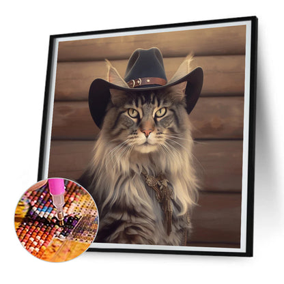 Desert Cool Cowboy Long Haired Cat - Full Round Drill Diamond Painting 30*30CM