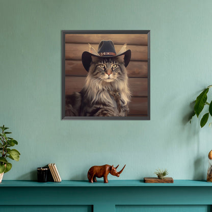 Desert Cool Cowboy Long Haired Cat - Full Round Drill Diamond Painting 30*30CM