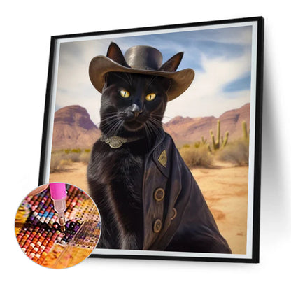 Desert Cool Cowboy Black Cat - Full Round Drill Diamond Painting 30*30CM