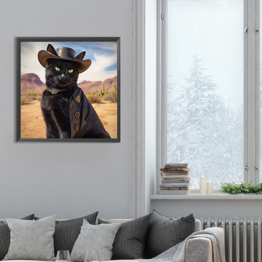 Desert Cool Cowboy Black Cat - Full Round Drill Diamond Painting 30*30CM
