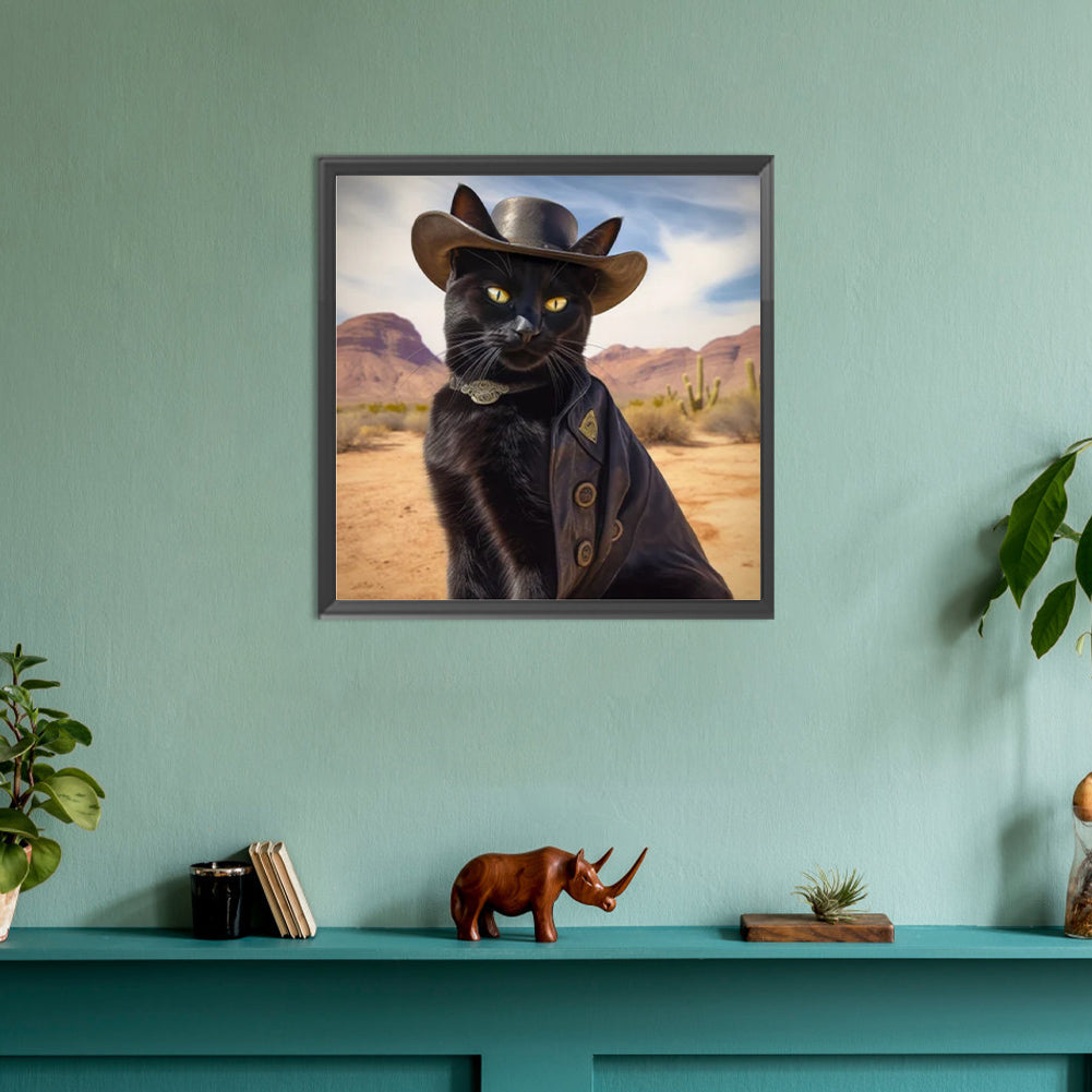 Desert Cool Cowboy Black Cat - Full Round Drill Diamond Painting 30*30CM