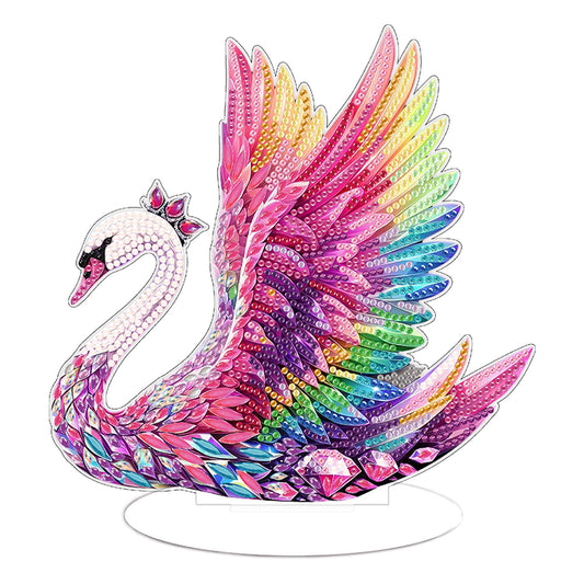 Round Diamond Painting Desktop Decor for Home Office Decor(Colored Feather Swan)
