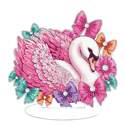 Round Diamond Painting Desktop Decor for Home Office Decor (Pink Feather Swan)